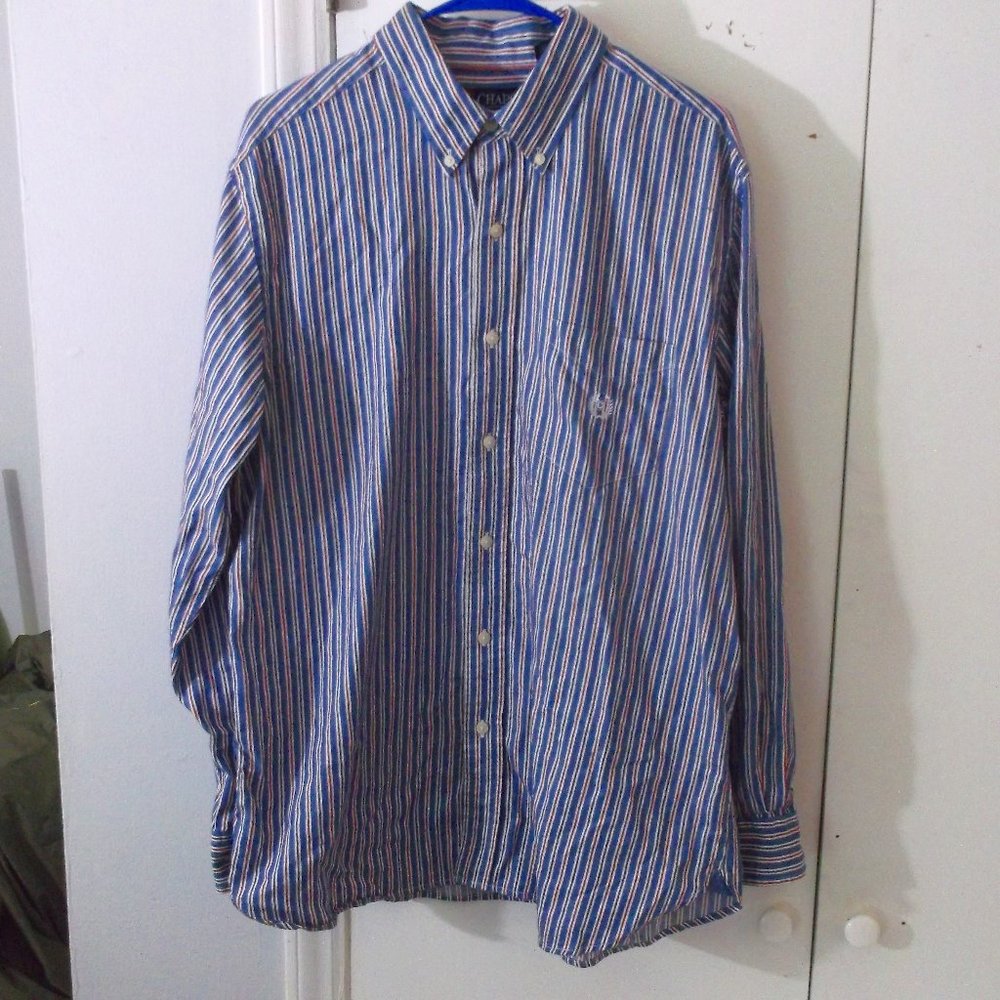 Chaps Red Blue Stripe Button Down Shirt L Cotton